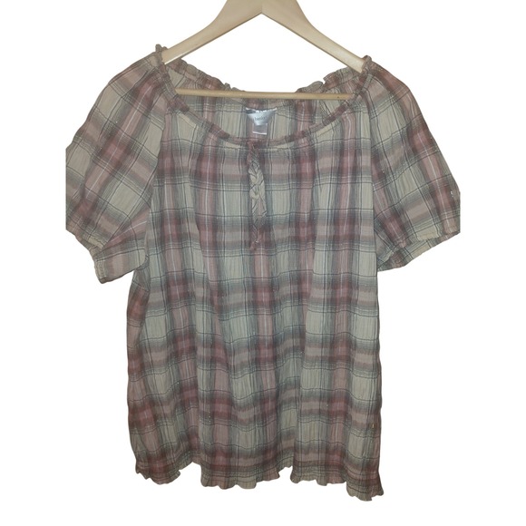 C.J. Banks Tops - CJ Banks Womens 1X Plaid Peasant Top Metallic Gold Thread Short Sleeve Blouse